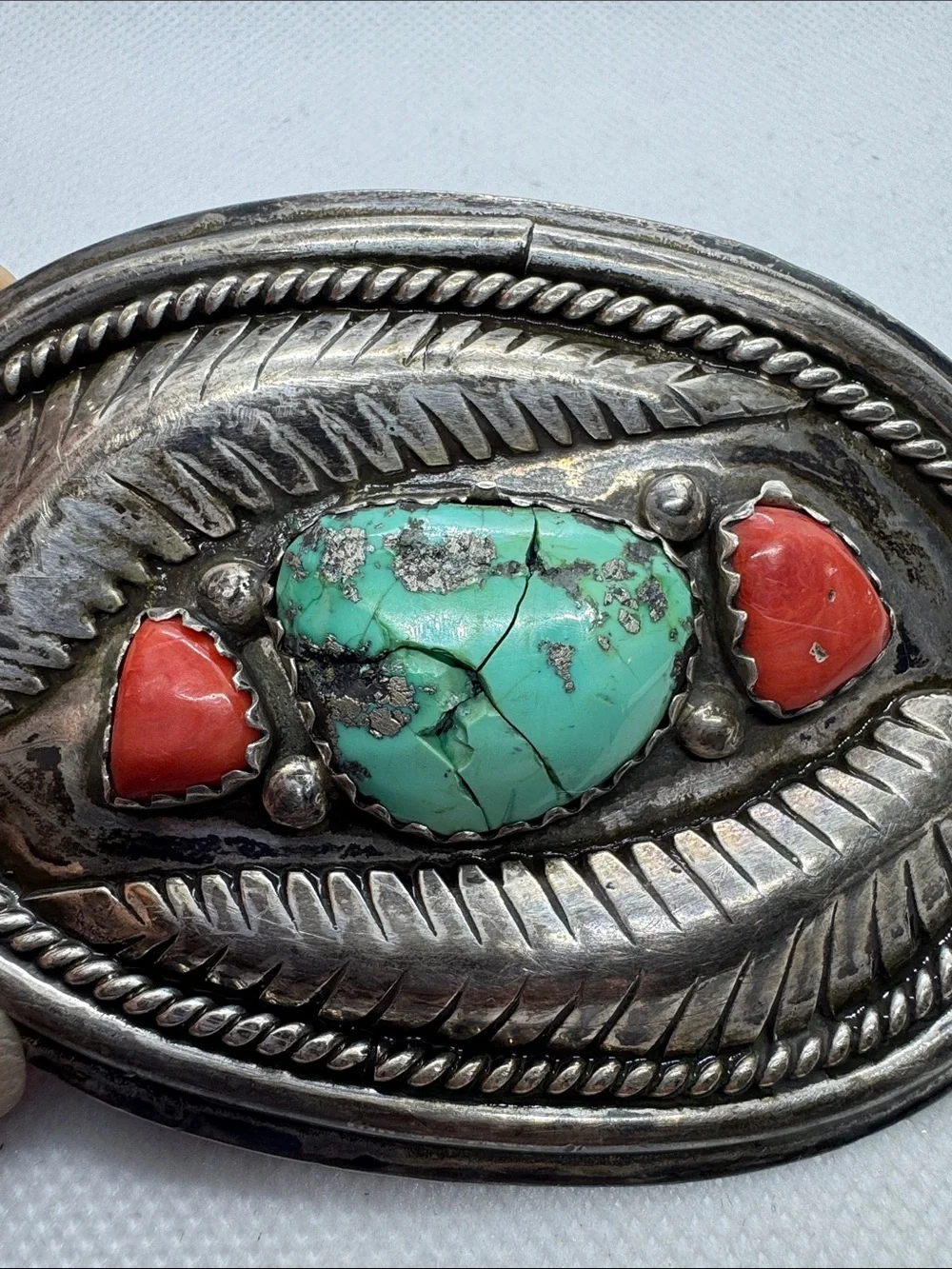 Turquoise and Coral Silver Western Belt Buckle Vintage